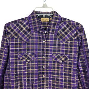 Wrangler Western Shirt S Plaid Purple Metallic Gold Rhinestone Snap Buttons